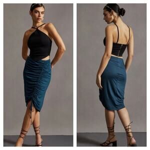 Anthropologie Ruched Midi Skirt Size XS Deep Teal Emerald Cinched Jersey Knit